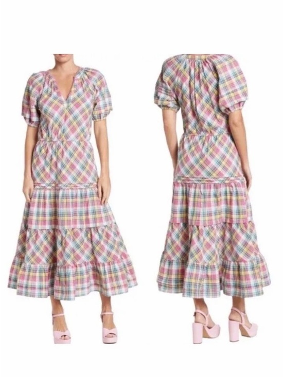 Dresses & Skirts - Betsey Johnson Madras Puff Sleeve Tiered  Midi Dress  size Large